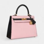 Hermes Kelly 25 Rose Sakura and Black Chevre Mysore Brushed Gold Hardware