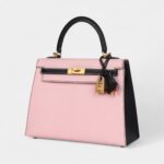 Hermes Kelly 25 Rose Sakura and Black Chevre Mysore Brushed Gold Hardware