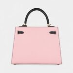 Hermes Kelly 25 Rose Sakura and Black Chevre Mysore Brushed Gold Hardware
