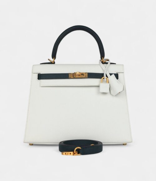 Hermes Kelly 25 White and Vert Cypress Epsom Brushed Gold Hardware
