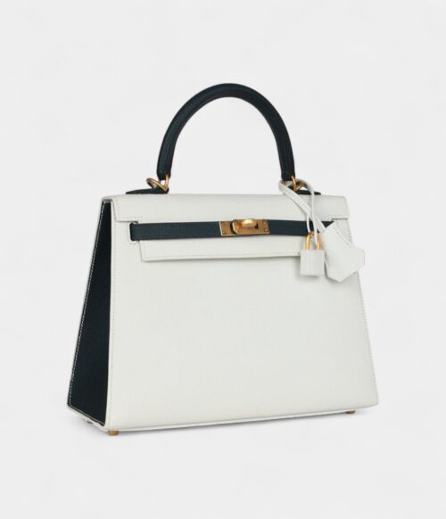 Hermes Kelly 25 White and Vert Cypress Epsom Brushed Gold Hardware