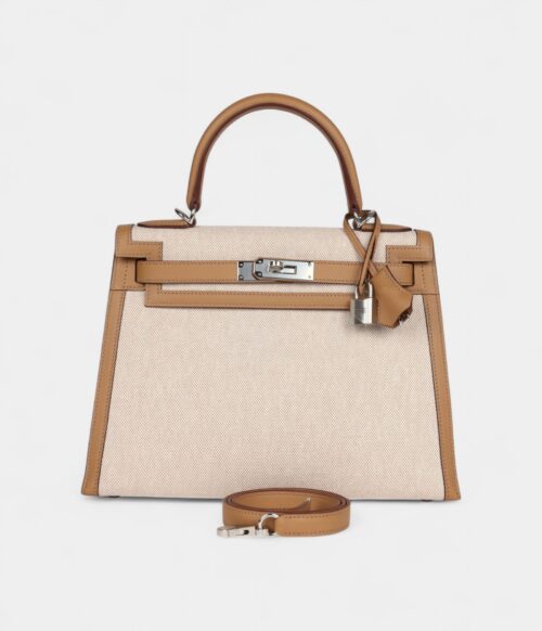 Hermes Kelly 28 Biscuit Toile H Canvas and Swift Palladium Hardware