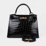 Hermes Kelly 28 Black Shiny Alligator Gold Hardware