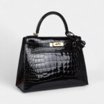 Hermes Kelly 28 Black Shiny Alligator Gold Hardware