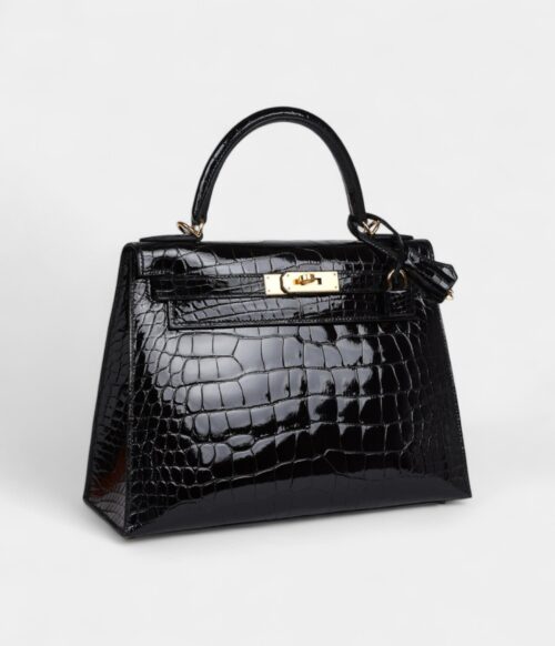 Hermes Kelly 28 Black Shiny Alligator Gold Hardware