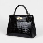 Hermes Kelly 28 Black Shiny Alligator Gold Hardware
