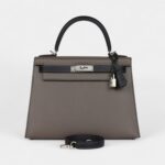 Hermes Kelly 28 Etain and Black Epsom Brushed Palladium Hardware
