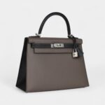 Hermes Kelly 28 Etain and Black Epsom Brushed Palladium Hardware