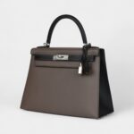 Hermes Kelly 28 Etain and Black Epsom Brushed Palladium Hardware