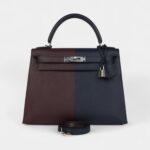 Hermes Kelly 28 Indigo Blue and Red Sellier Epsom Coat Palladium Hardware