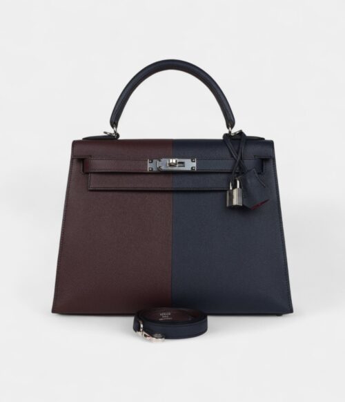 Hermes Kelly 28 Indigo Blue and Red Sellier Epsom Coat Palladium Hardware