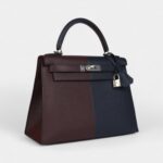 Hermes Kelly 28 Indigo Blue and Red Sellier Epsom Coat Palladium Hardware