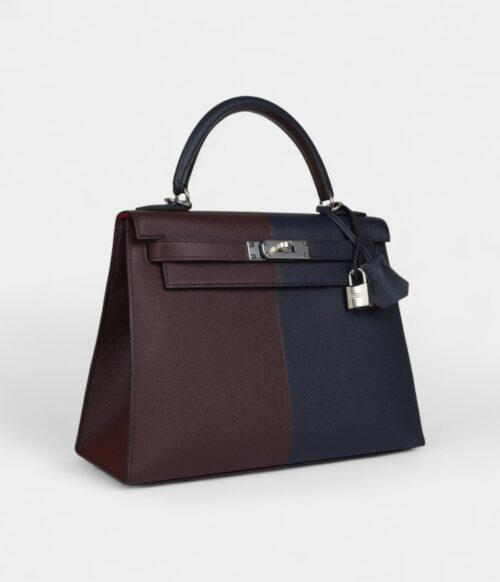 Hermes Kelly 28 Indigo Blue and Red Sellier Epsom Coat Palladium Hardware