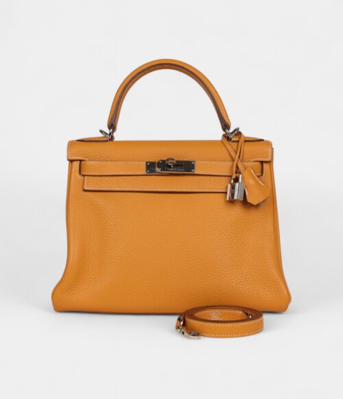 Hermes Kelly 28 Mustard Clemence Palladium Hardware