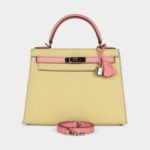 Hermes Kelly 28 Rose Confetti and Jaune Poussin Epsom Palladium Hardware