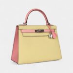 Hermes Kelly 28 Rose Confetti and Jaune Poussin Epsom Palladium Hardware