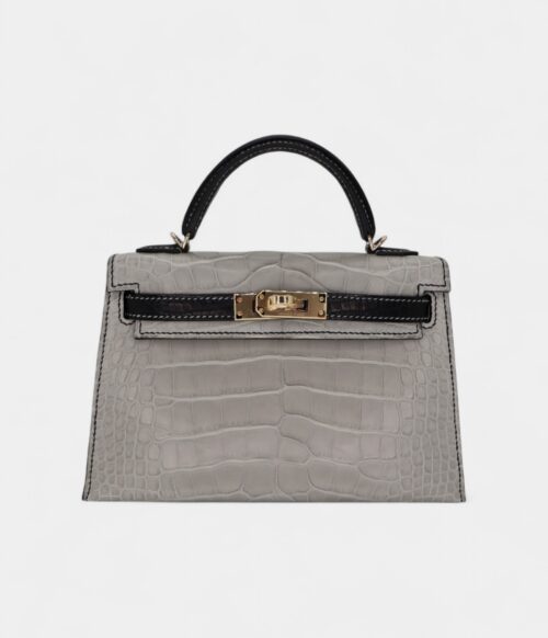 Hermès Kelly II Sellier Mini Gris Perle/Black Matte Alligator Permabrass Hardware