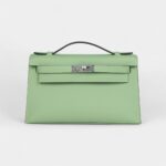 Hermès Kelly Pochette Vert Criquet Swift Palladium Hardware