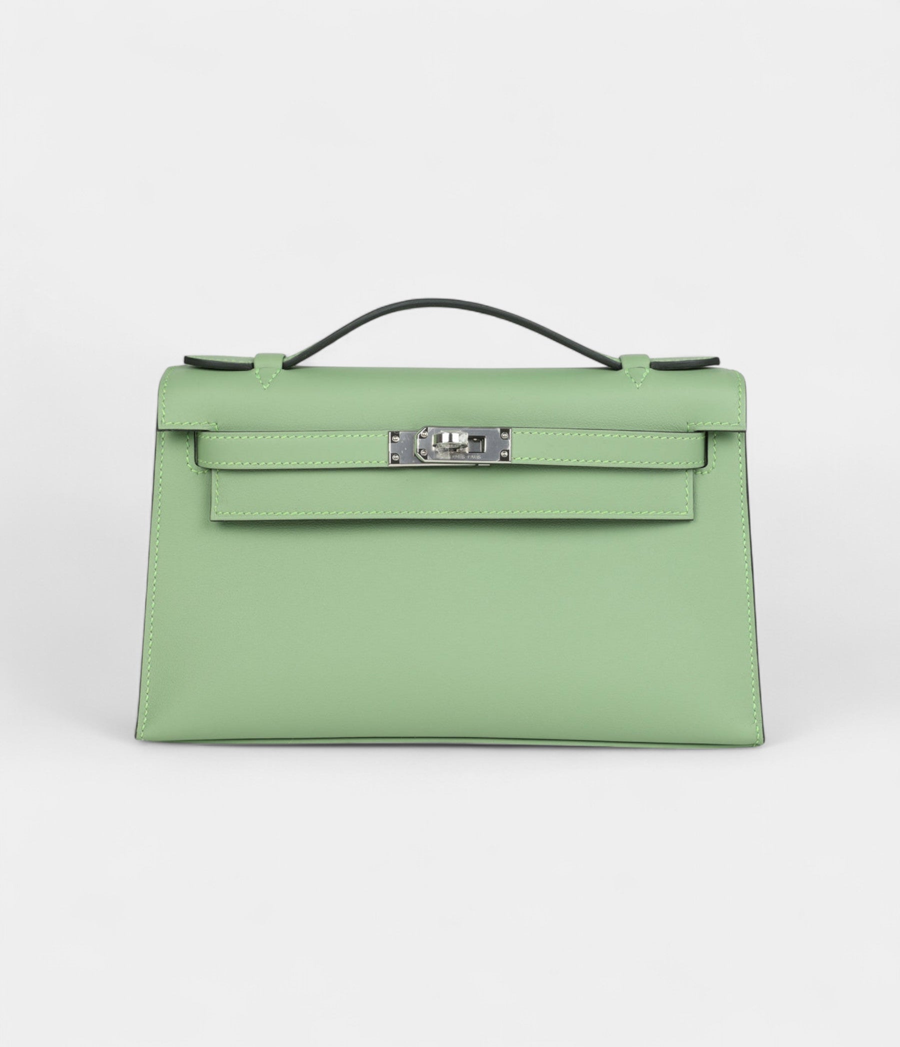 Hermès Kelly Pochette Vert Criquet Swift Palladium Hardware