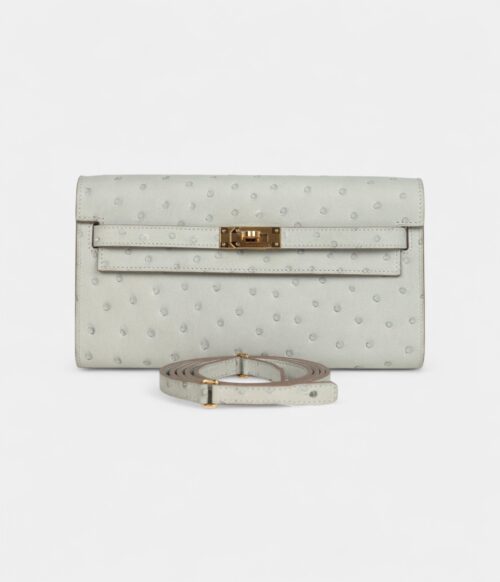 Hermès Kelly Wallet To Go Gris Perle Ostrich Gold Hardware