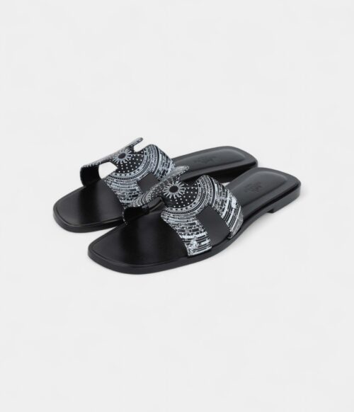 Hermès Oran Sandals Black and White Calfskin