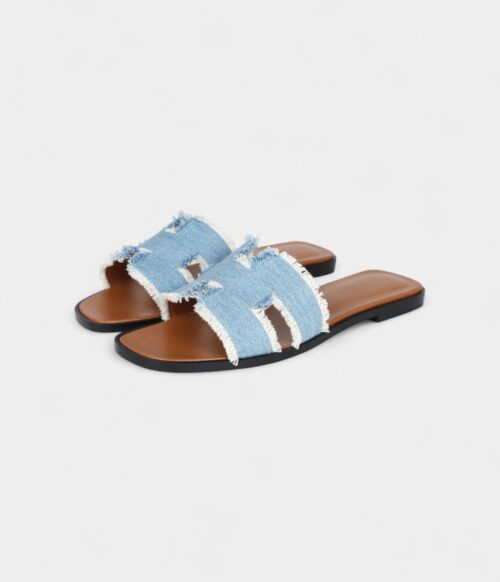 Hermès Oran Sandals Bleu Clair Denim Fringe