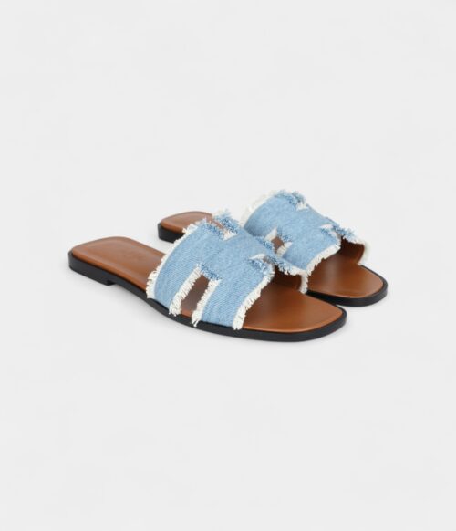 Hermès Oran Sandals Bleu Clair Denim Fringe