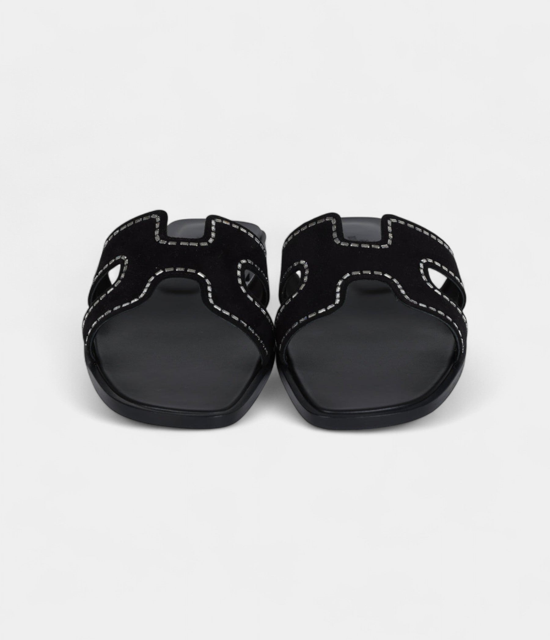Hermès Oran Sandals Crystal Embellished Black Suede