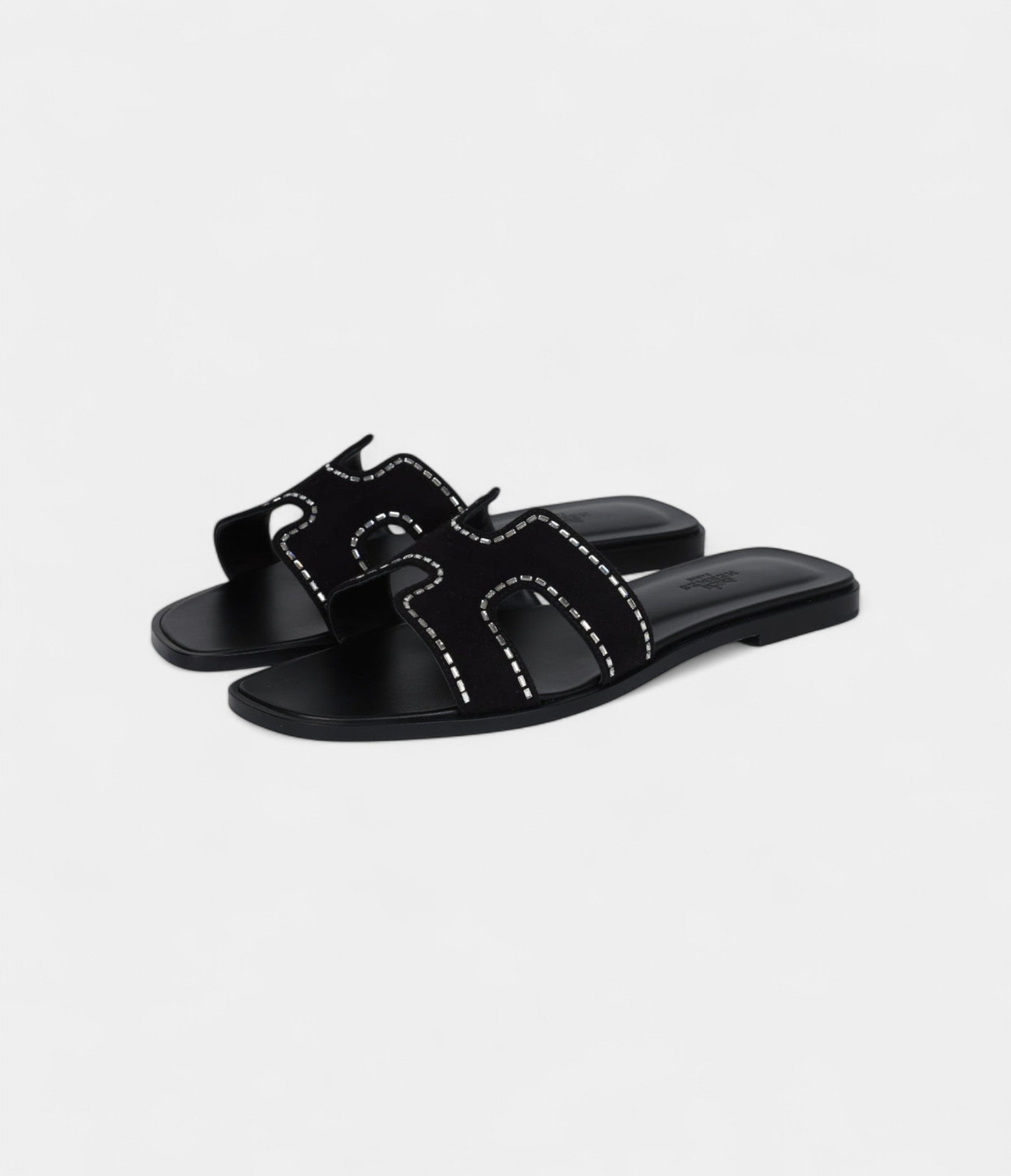 Hermès Oran Sandals Crystal Embellished Black Suede