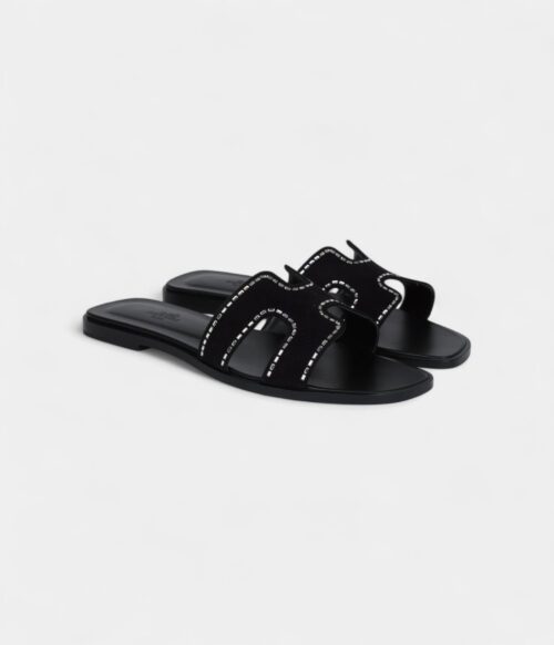 Hermès Oran Sandals Crystal Embellished Black Suede