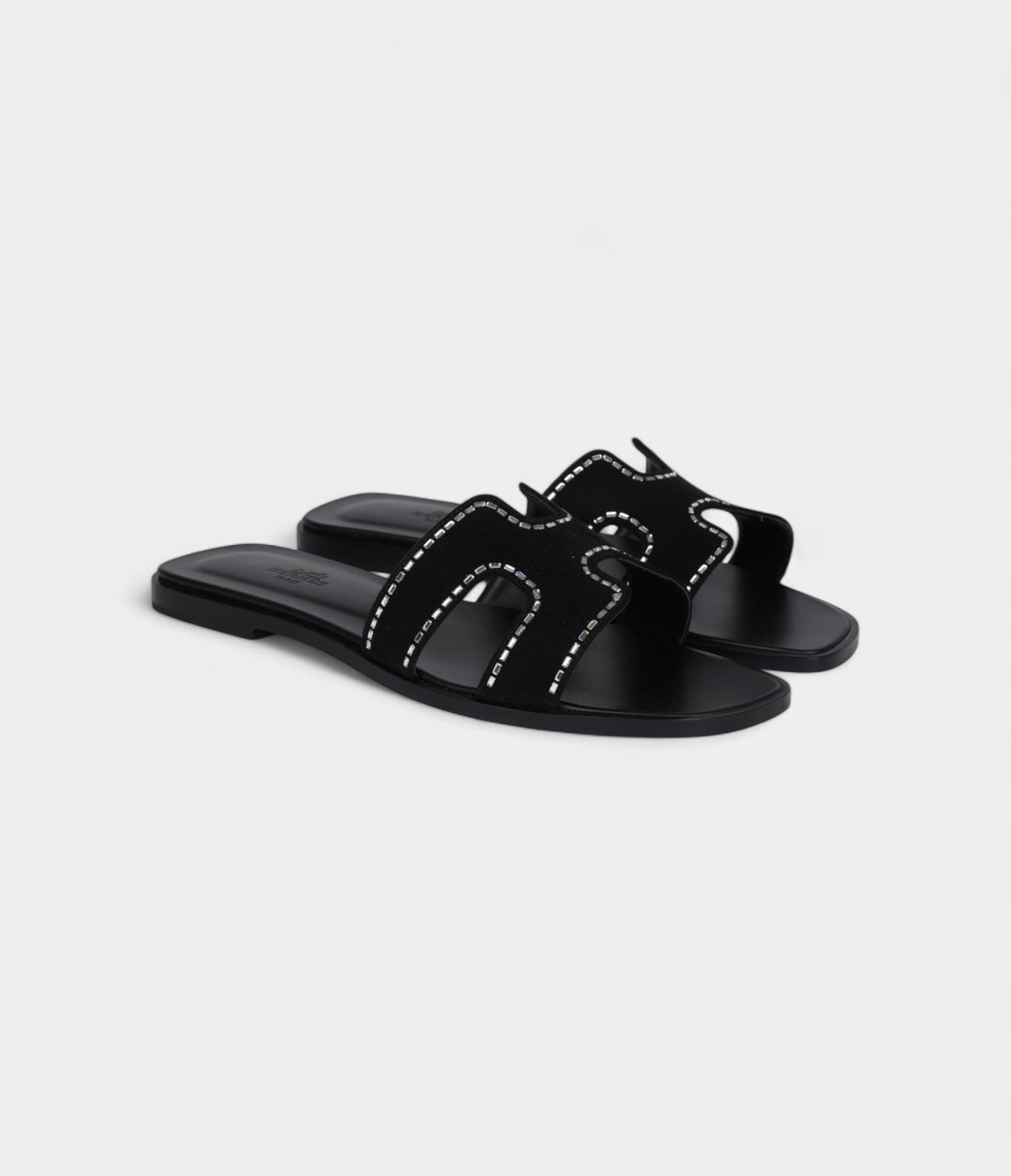 Hermès Oran Sandals Crystal Embellished Black Suede