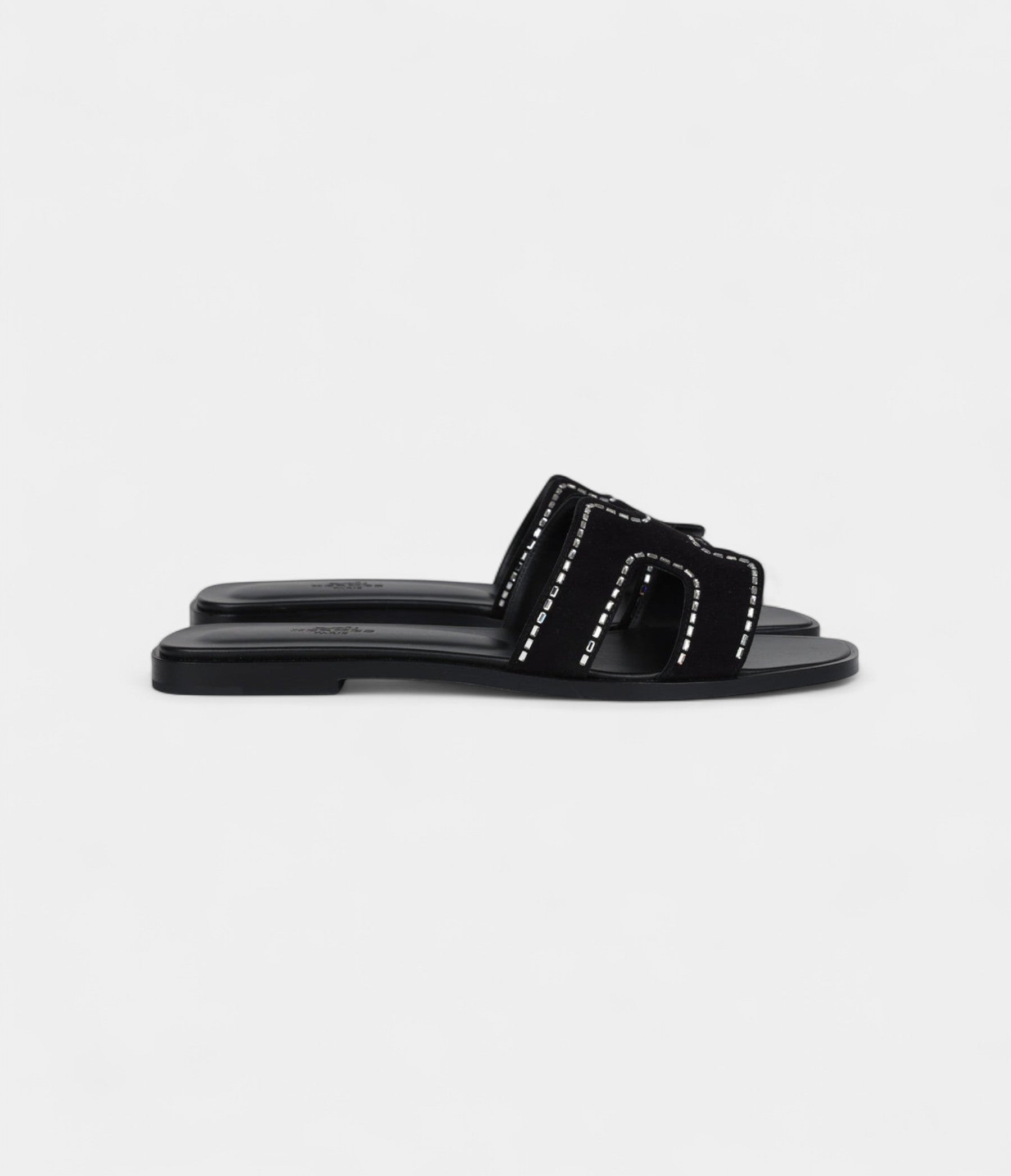 Hermès Oran Sandals Crystal Embellished Black Suede