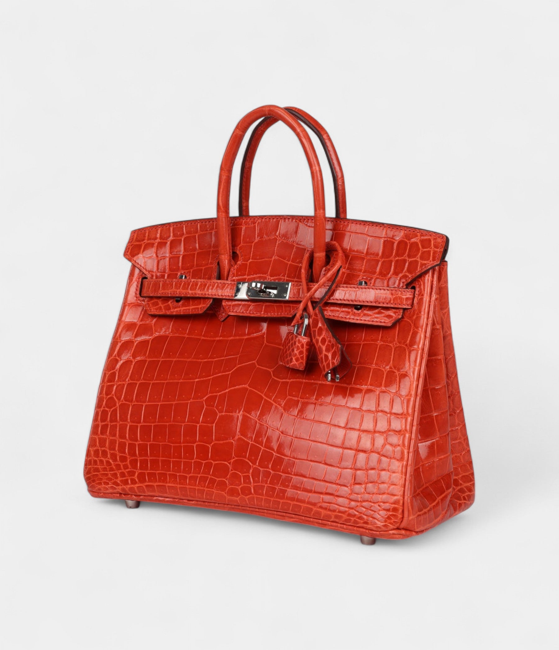 Pre-ownedHermesBirkin25OrangePoppyShinyNiloticusCrocodilePalladiumHardware_3.jpg Hermès Birkin 25 Orange Poppy Shiny Niloticus Crocodile Palladium Hardware