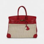 Vintage Hermès Birkin 35 Rouge Vif Buffalo and Crinoline Gold Hardware
