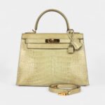 Vintage Hermes Kelly 28 Celadon Natura Shiny Alligator Gold Hardware