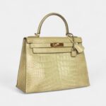 Vintage Hermes Kelly 28 Celadon Natura Shiny Alligator Gold Hardware