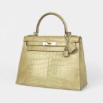 Vintage Hermes Kelly 28 Celadon Natura Shiny Alligator Gold Hardware
