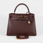 Vintage Hermes Kelly 28 Noisette Box Gold Hardware