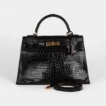 Vintage Hermès Kelly 32 Black Shiny Porosus Crocodile Gold Hardware