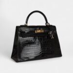 Vintage Hermès Kelly 32 Black Shiny Porosus Crocodile Gold Hardware