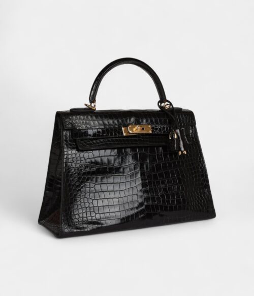 Vintage Hermès Kelly 32 Black Shiny Porosus Crocodile Gold Hardware