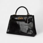 Vintage Hermès Kelly 32 Black Shiny Porosus Crocodile Gold Hardware