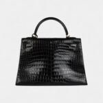 Vintage Hermès Kelly 32 Black Shiny Porosus Crocodile Gold Hardware