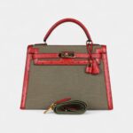 Vintage Hermès Kelly 32 Vivid Ostrich Leather and Vert Olive Green Canvas Gold Hardware