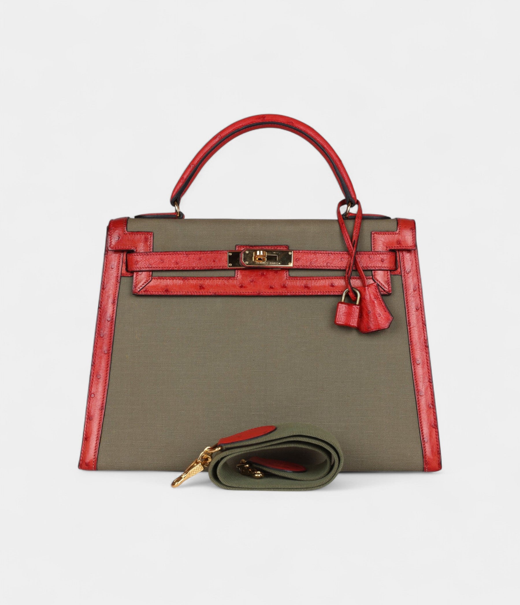 Vintage Hermès Kelly 32 Vivid Ostrich Leather and Vert Olive Green Canvas Gold Hardware