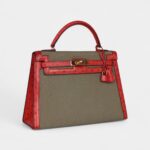 Vintage Hermès Kelly 32 Vivid Ostrich Leather and Vert Olive Green Canvas Gold Hardware