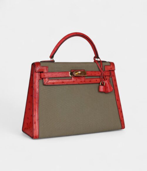 Vintage Hermès Kelly 32 Vivid Ostrich Leather and Vert Olive Green Canvas Gold Hardware