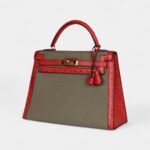 Vintage Hermès Kelly 32 Vivid Ostrich Leather and Vert Olive Green Canvas Gold Hardware