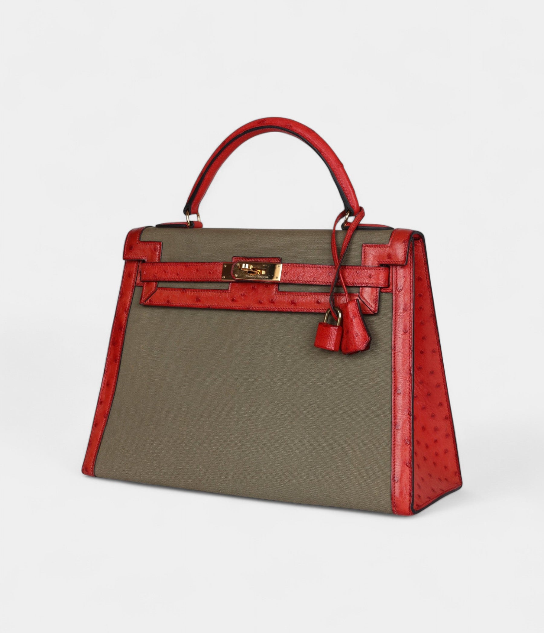 VintageHermesKelly32VividOstrichLeatherandVertOliveGreenCanvasGoldHardware_4.jpg Vintage Hermès Kelly 32 Vivid Ostrich Leather and Vert Olive Green Canvas Gold Hardware