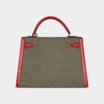 Vintage Hermès Kelly 32 Vivid Ostrich Leather and Vert Olive Green Canvas Gold Hardware